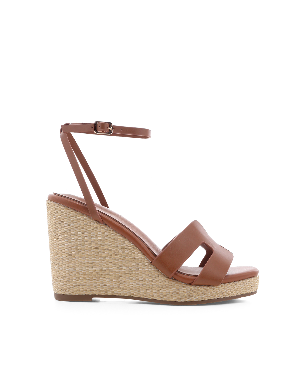 Tan open-toe wedge sandals with ankle strap buckle and woven wedge heel platform