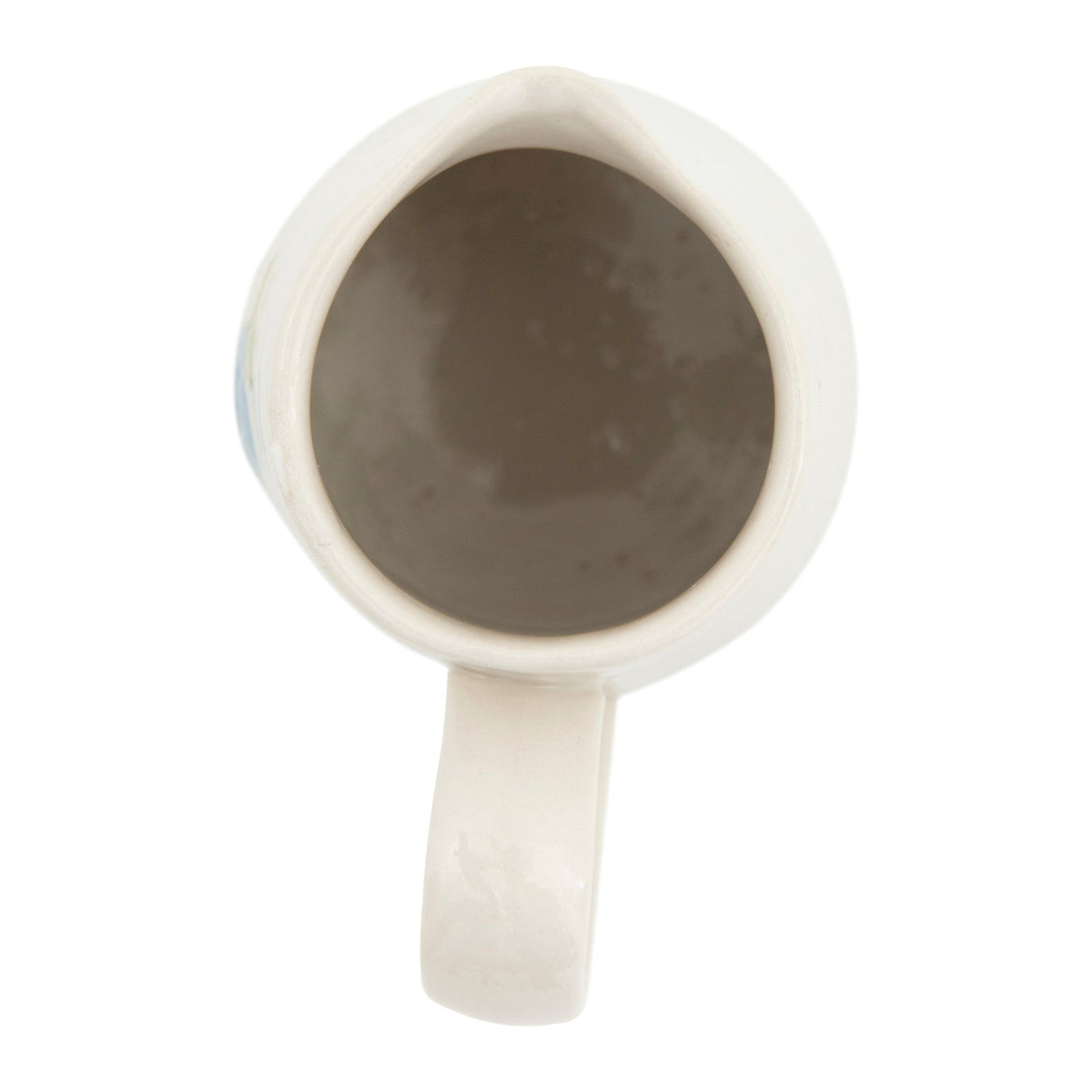 Mini ceramic creamer with open top, off-white handle and spout interior view