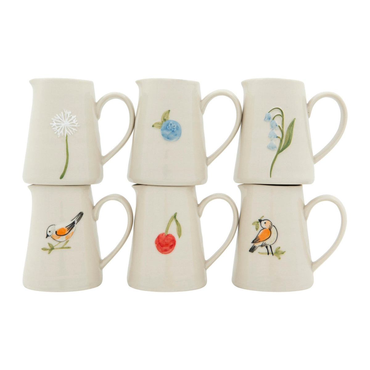 Mini ceramic creamers set of 6, off-white with blue flowers, cherry, and bird motifs