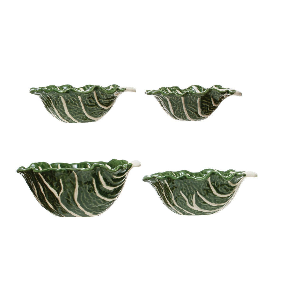 Four cabbage-shaped nesting bowls arranged on white, glossy green with white veining.