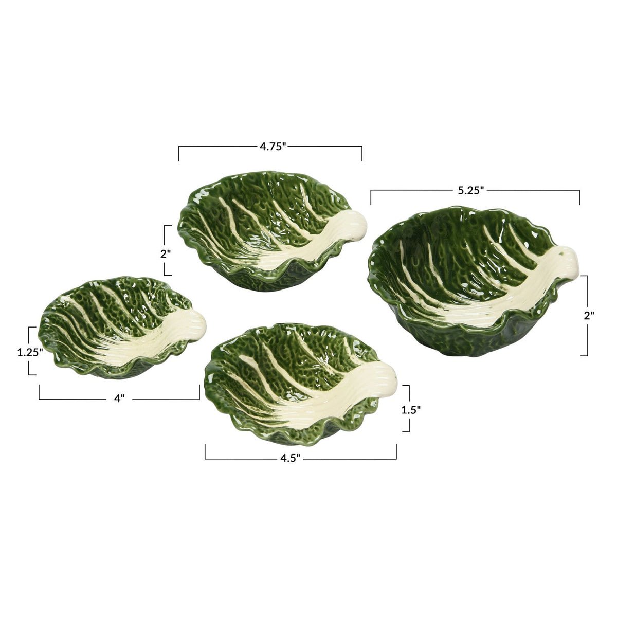 Set of 4 green cabbage-shaped nesting bowls with cream rims, shown with measurements