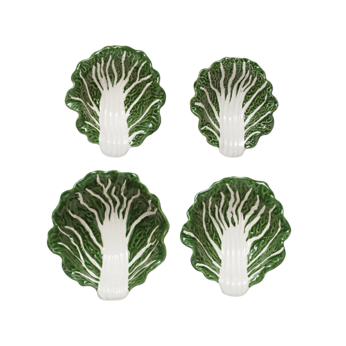 Four cabbage-shaped bowls, facing front—glossy green leaves with white center.