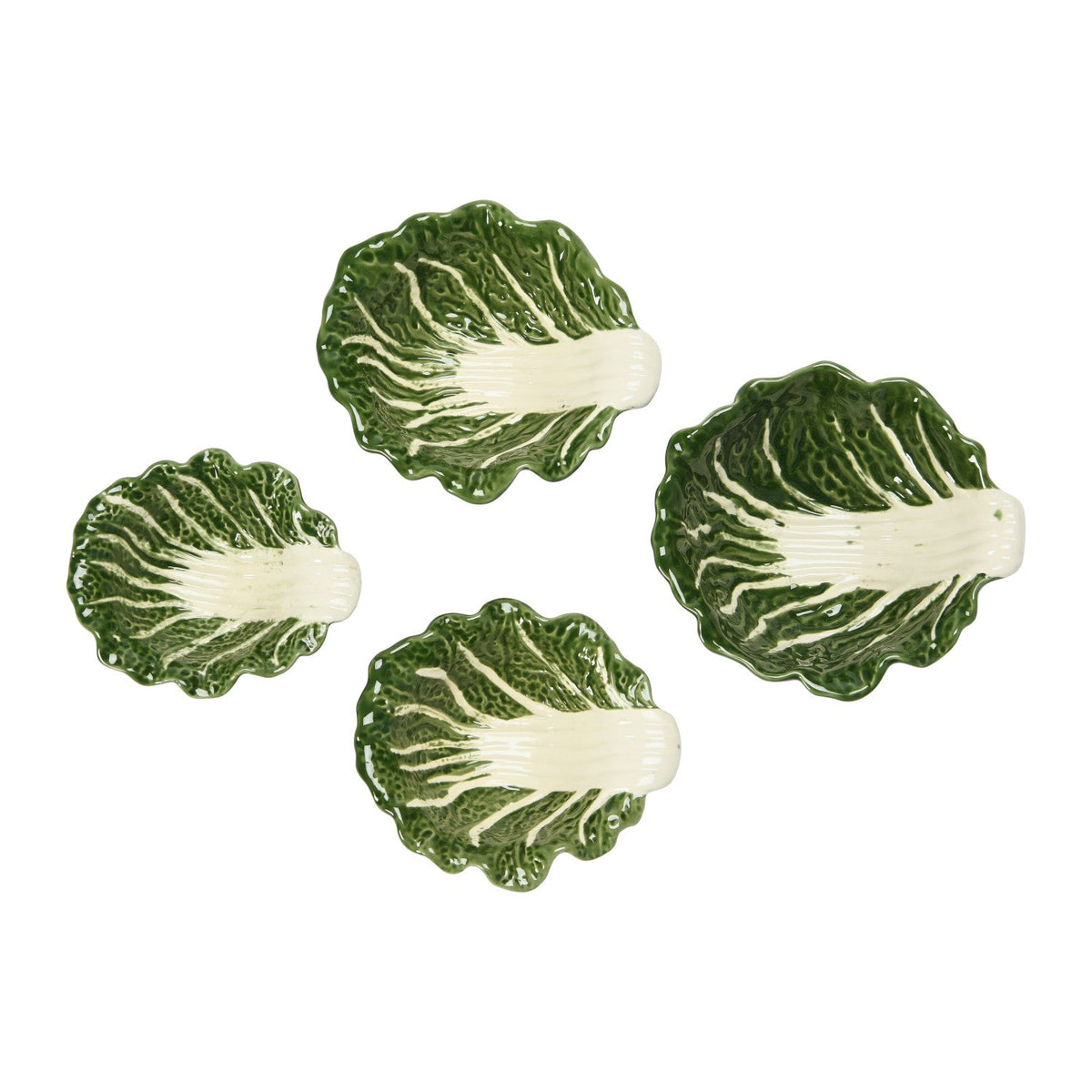 Five cabbage-shaped bowl shells in glossy green with white center and veining.