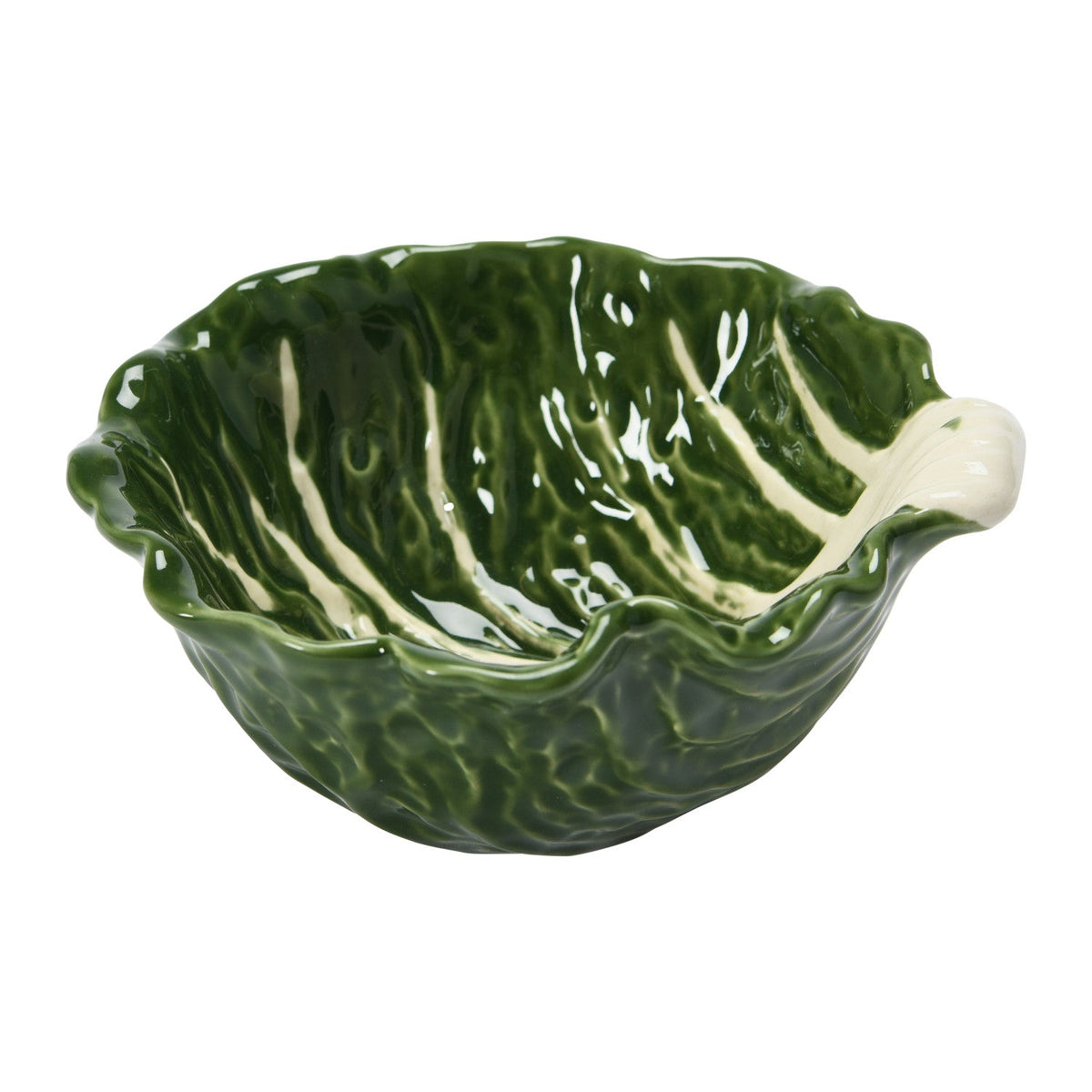 Large cabbage-shaped nesting bowl with glossy green leaf pattern and white core.