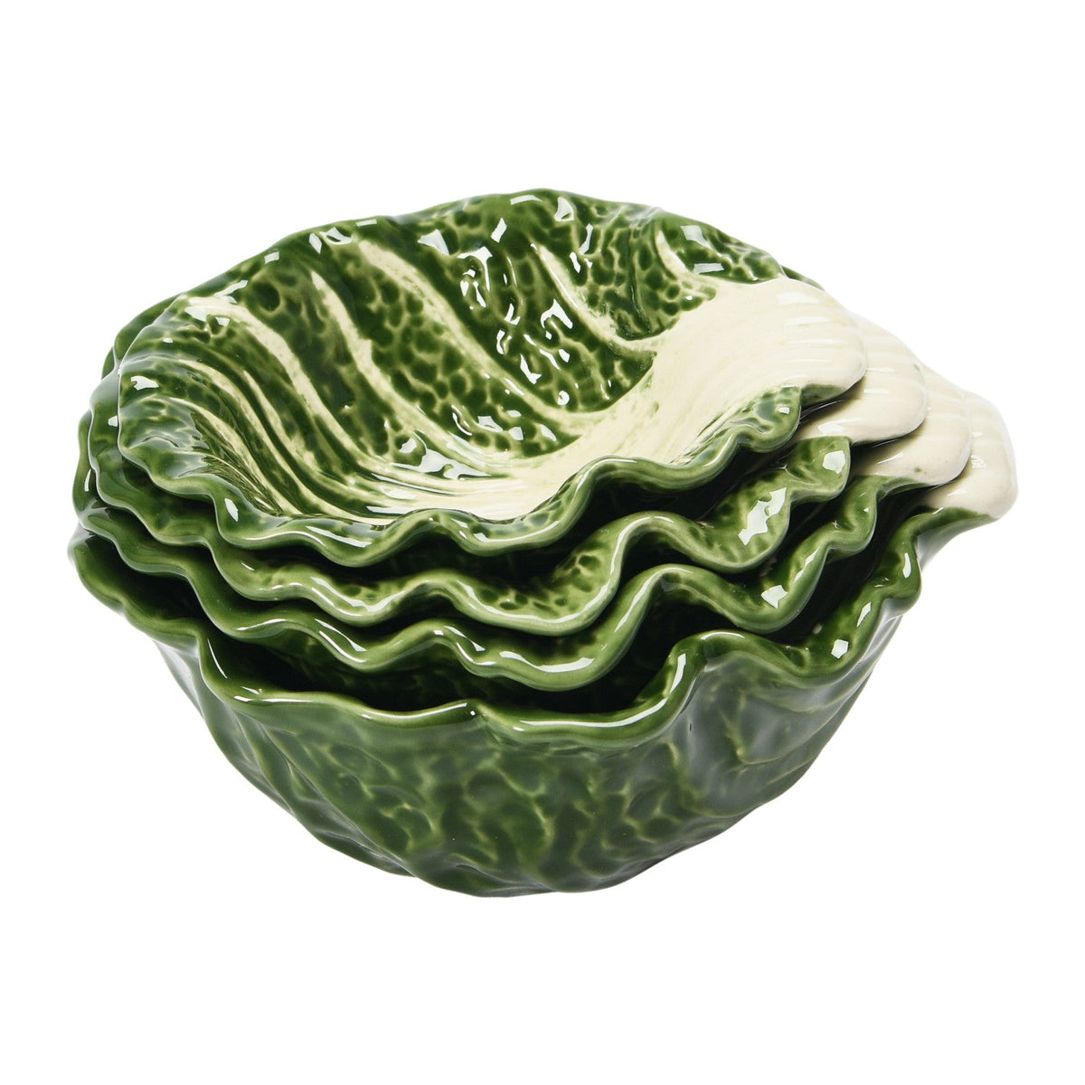 Stacked cabbage-shaped nesting bowls, glossy green ceramic with white leaf veining.