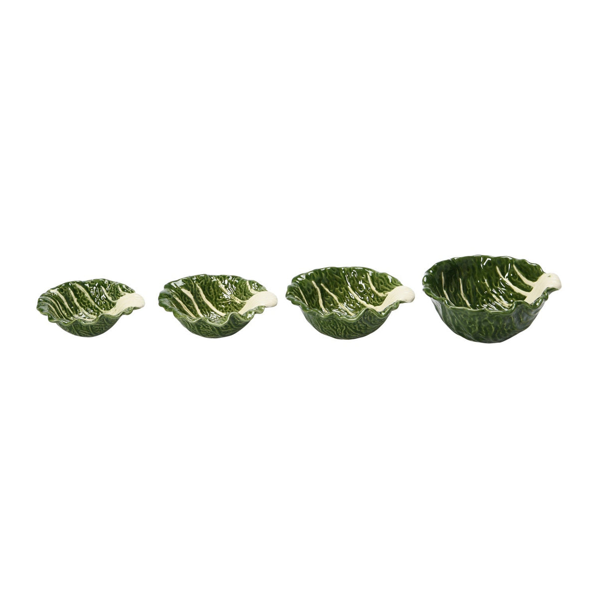 Set of 4 green cabbage-shaped nesting bowls with cream rims and leaf texture