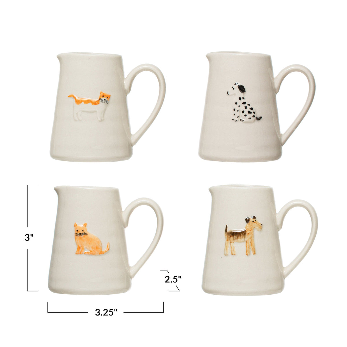 Ceramic animal creamers with size labels: 3.25in, 3in, 2.5in.