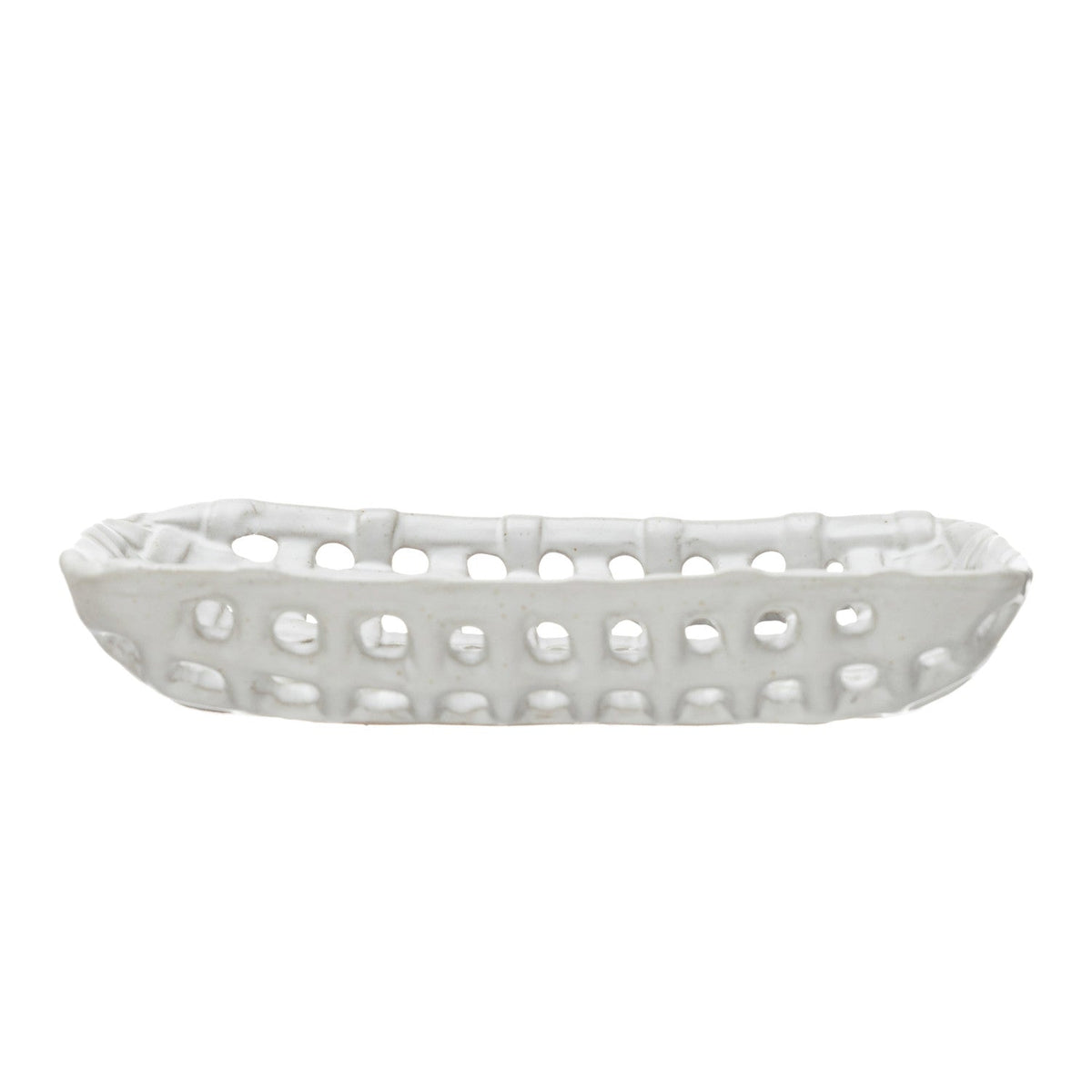 Cream glazed ceramic basket dish with lattice pattern tray shape