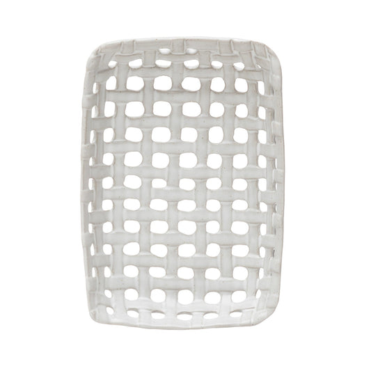 Cream ceramic basket dish with lattice cutout sides