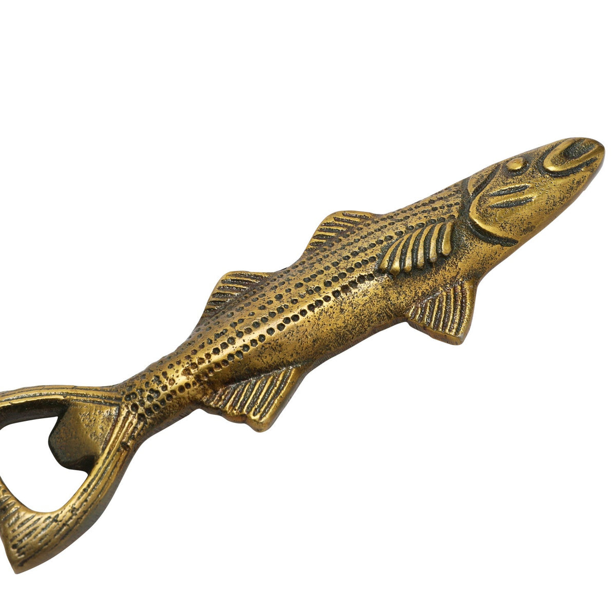 Antique gold fish bottle opener head with detailed eye and engraved scale pattern