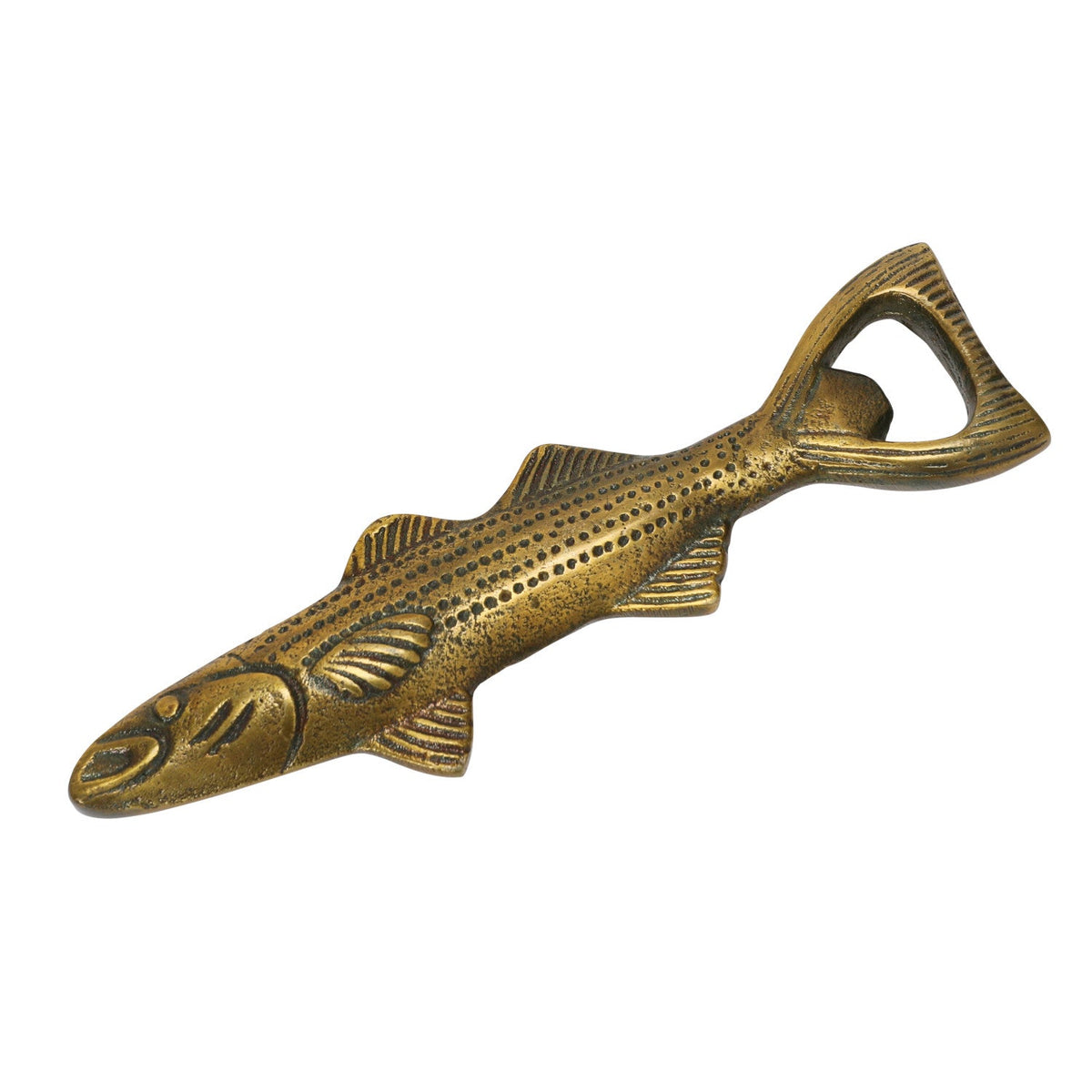 Antique gold fish bottle opener with arched tail and bottle-cap ring opening