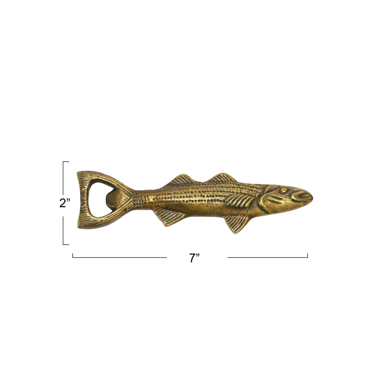 Antique gold fish bottle opener, 7 in long; ring opener at one end
