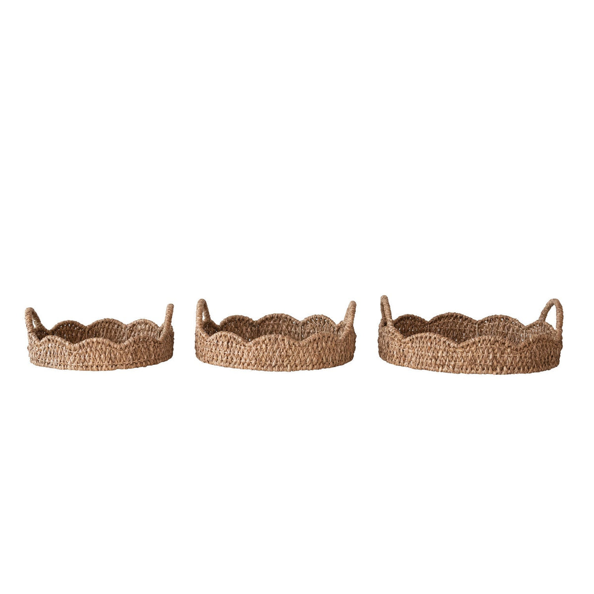 Scalloped rattan tray with loop handles, three matching woven trays