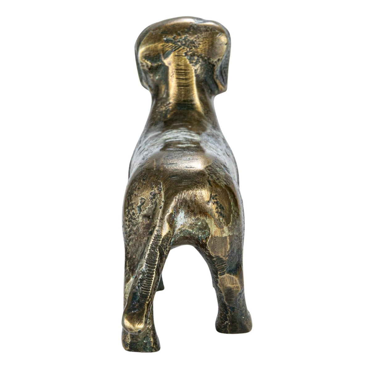 Antique brass dachshund figurine in cast aluminum, rear view with short legs.