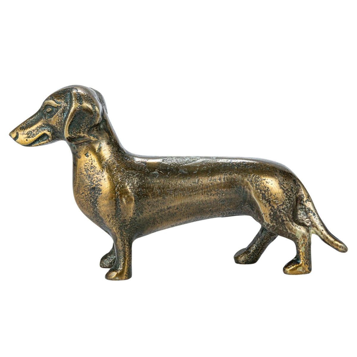 Antique brass dachshund figurine in cast aluminum, three-quarter side view.