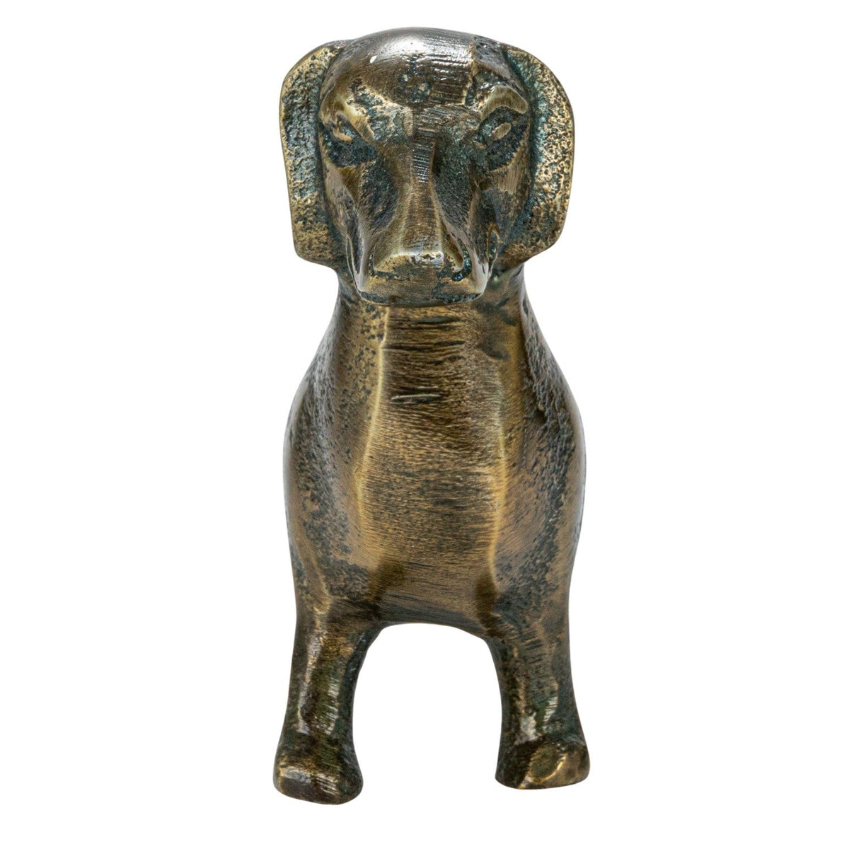 Antique brass dachshund figurine in cast aluminum, front view with raised head.