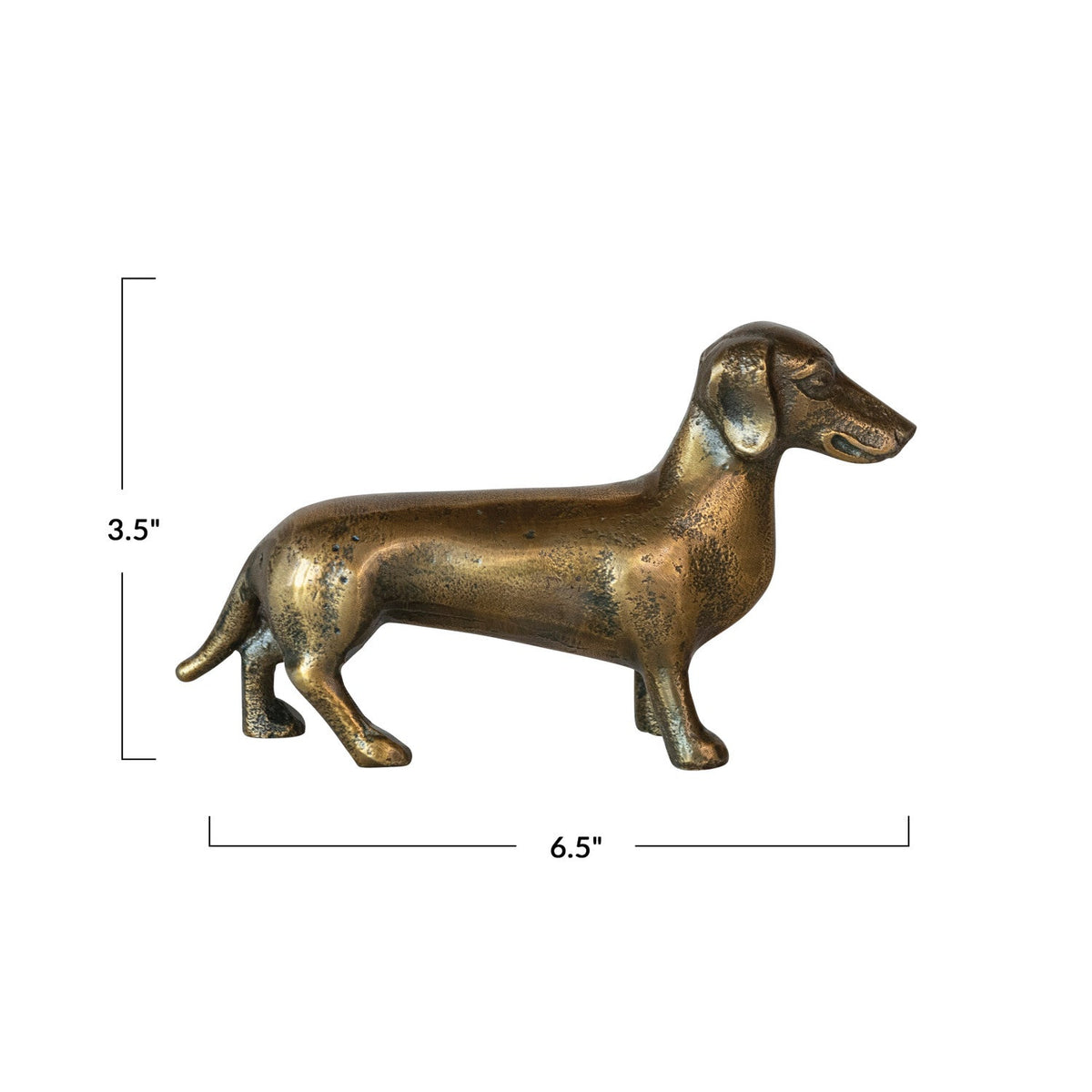 Antique brass dachshund figurine in cast aluminum, 6.5" long and 3.5" tall.