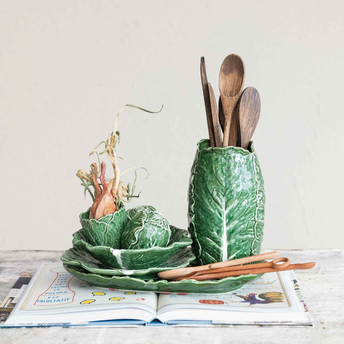 Hand-Painted Green Cabbage Shaped Stoneware Plate