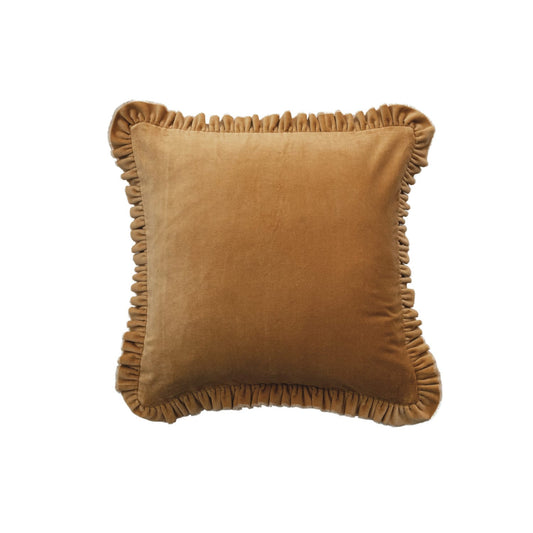 Mustard square cotton velvet pillow with ruffled trim on all sides