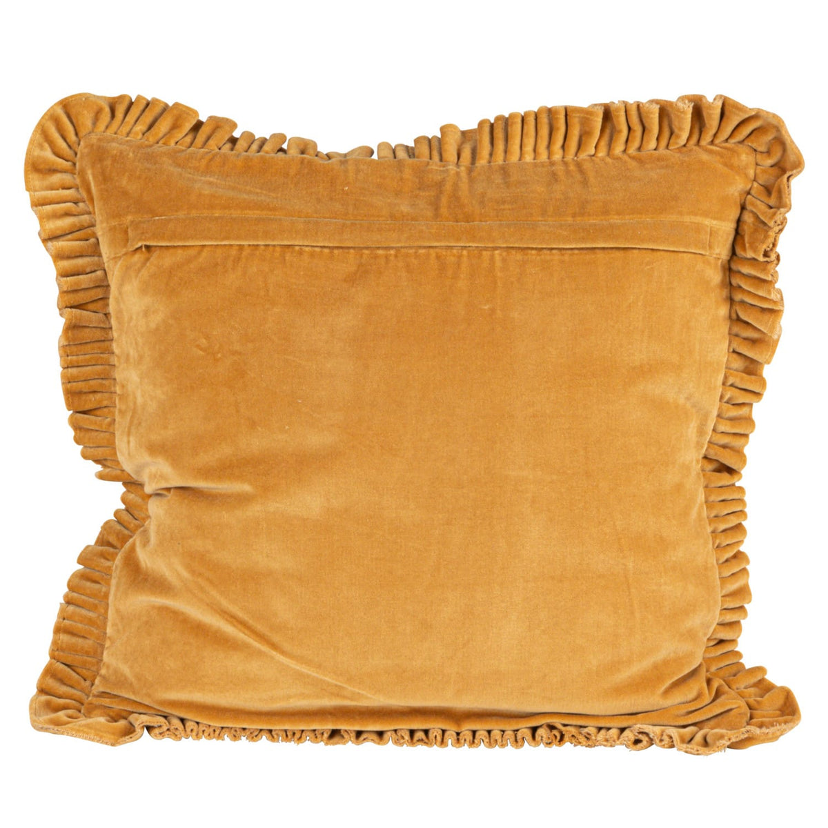 Mustard velvet square pillow with ruffled edge trim and stitched seam details