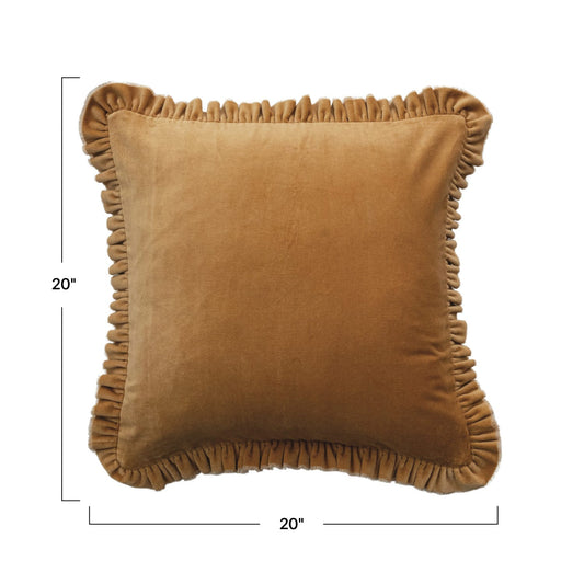 Mustard square cotton velvet pillow, 20-inch size, with ruffled trim border