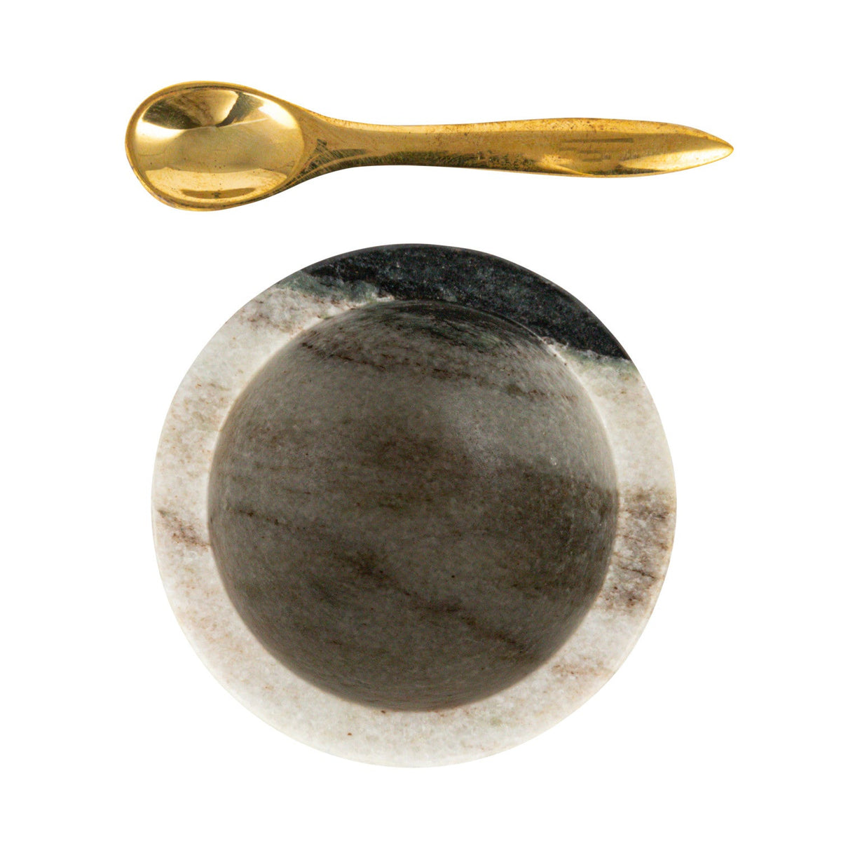 Marble salt cellar bowl with brass spoon, dark gray insert and cream rim