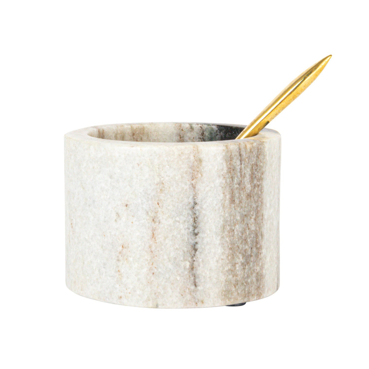 Marble salt cellar cup with brass spoon, cream body with dark speckled side