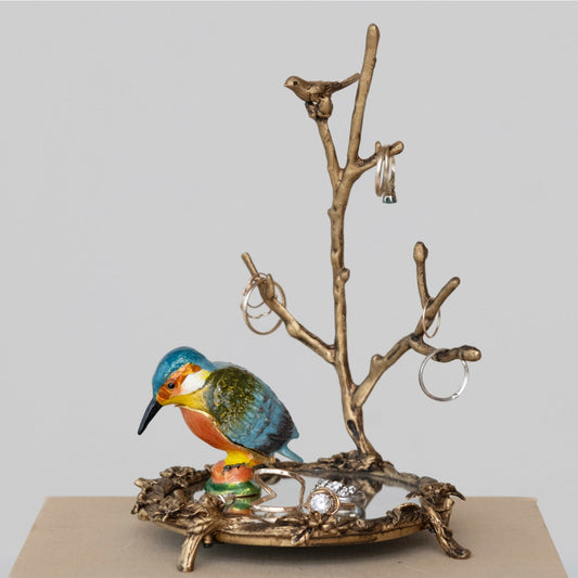 Kingfisher bird enamel metal trinket box on branch with small hanging rings