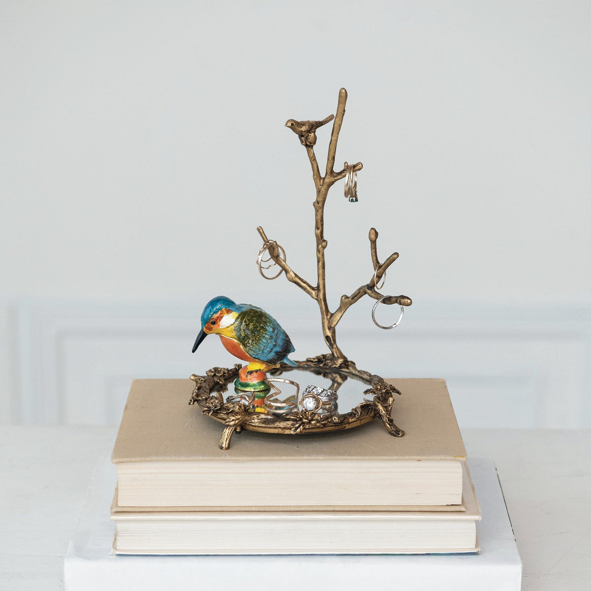 Kingfisher bird enamel metal trinket box on branch stand with hanging rings