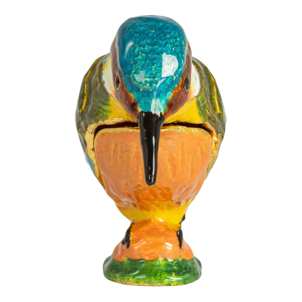 Kingfisher bird enamel metal trinket box front view with teal head and orange body