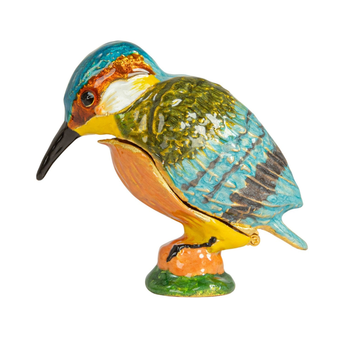 Kingfisher bird enamel metal trinket box angled view with teal wing details