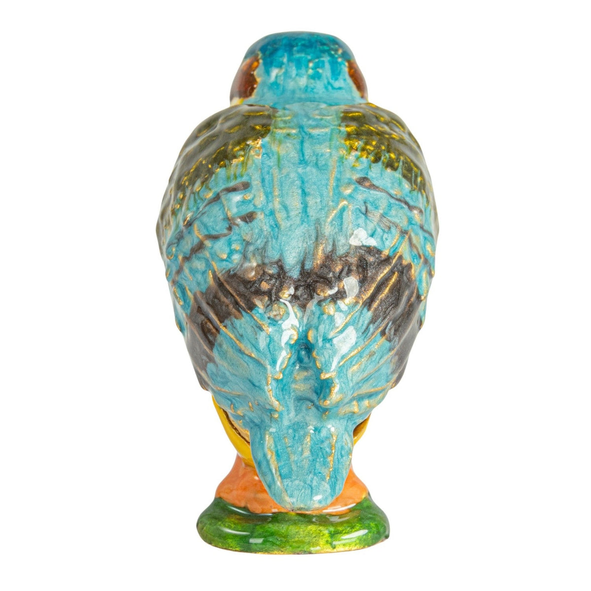 Kingfisher bird enamel metal trinket box back view with teal textured wings