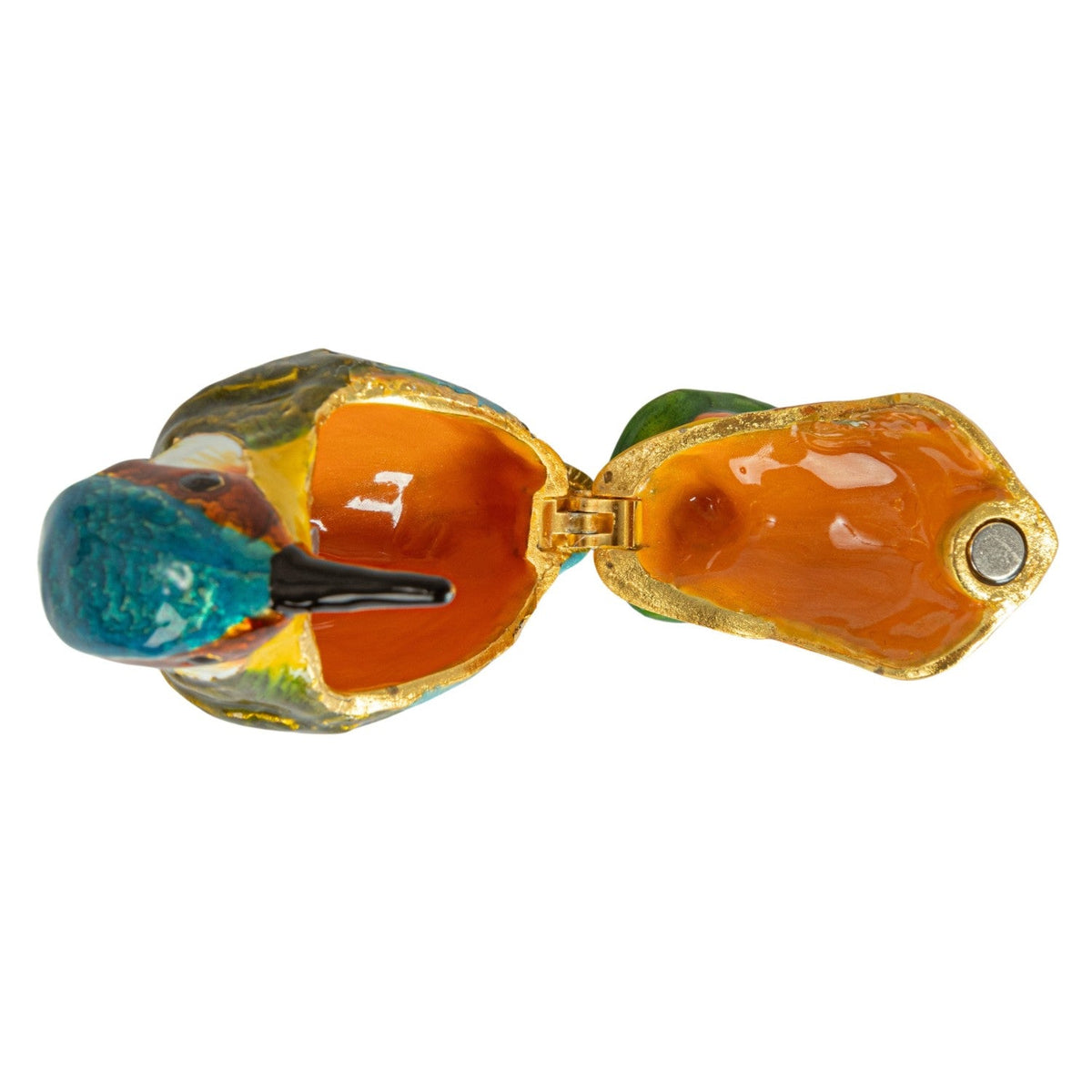 Opened kingfisher bird enamel metal trinket box with orange and teal interior
