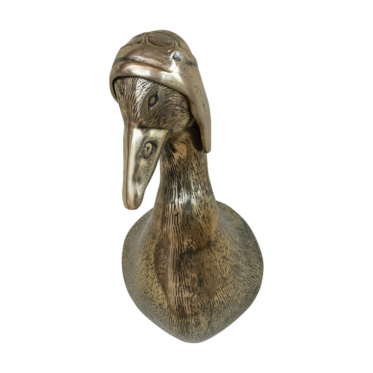 Vintage brass-finish duck aviator wall mount, front view with detailed face and beak