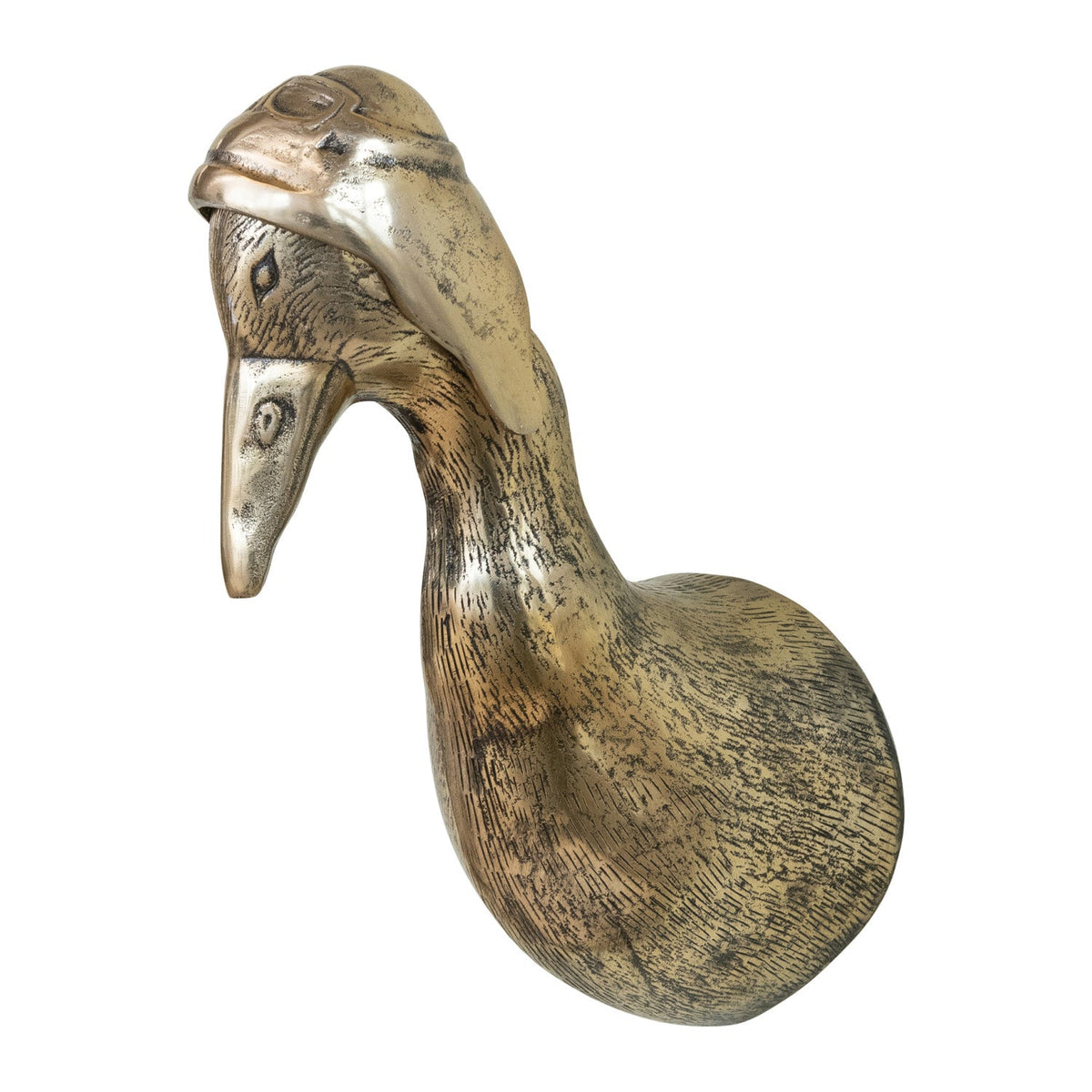 Vintage brass-finish cast duck aviator wall mount, side profile with beak and head