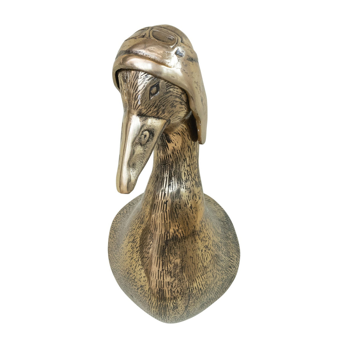 Vintage brass-finish duck aviator wall mount, angled front view with extended beak
