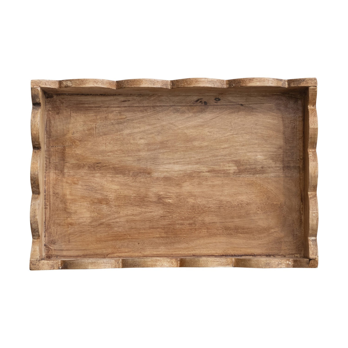 Mango wood rectangular tray with scalloped edge detail, natural warm brown finish.