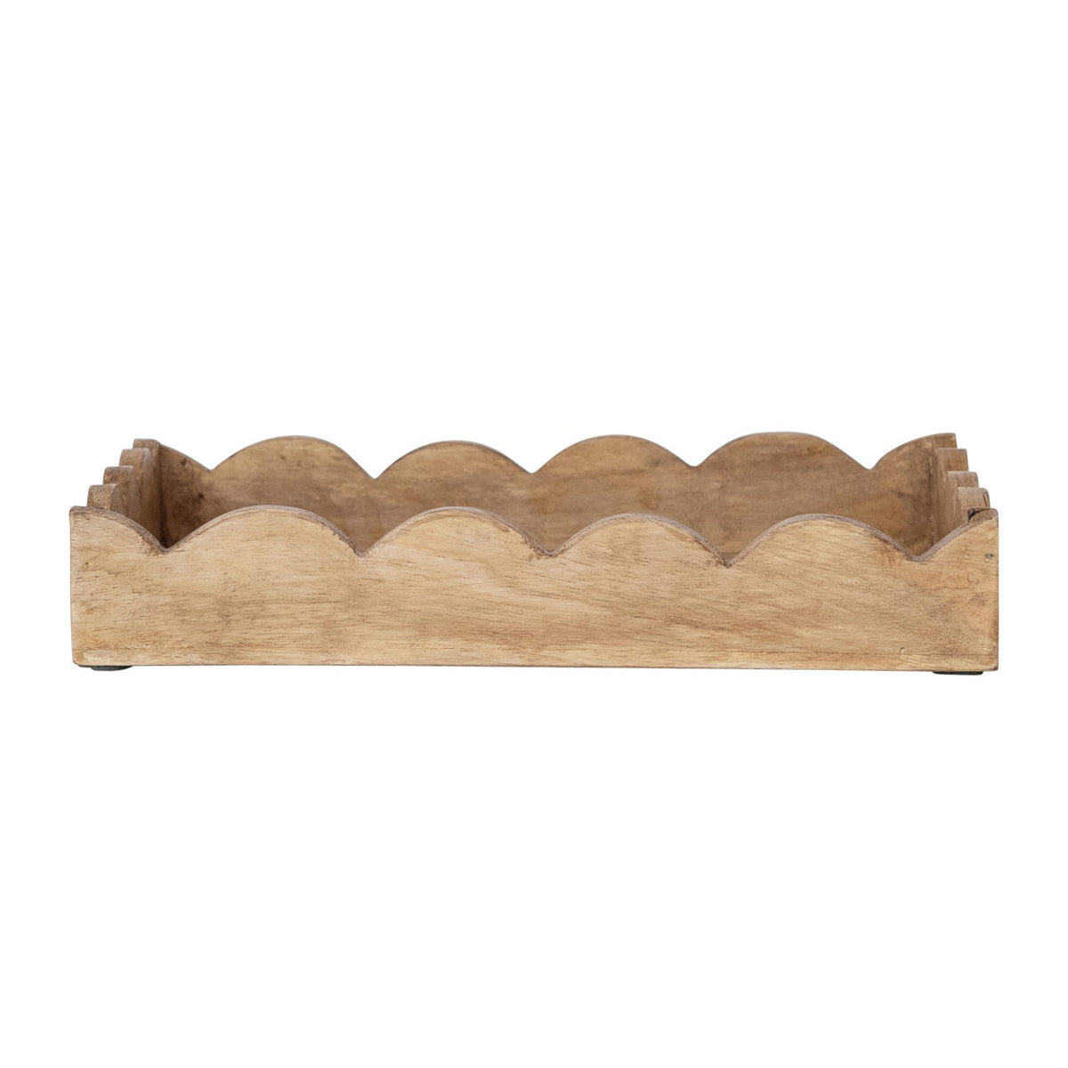 Mango wood scalloped serving tray with curved notch edge and open rectangular base.
