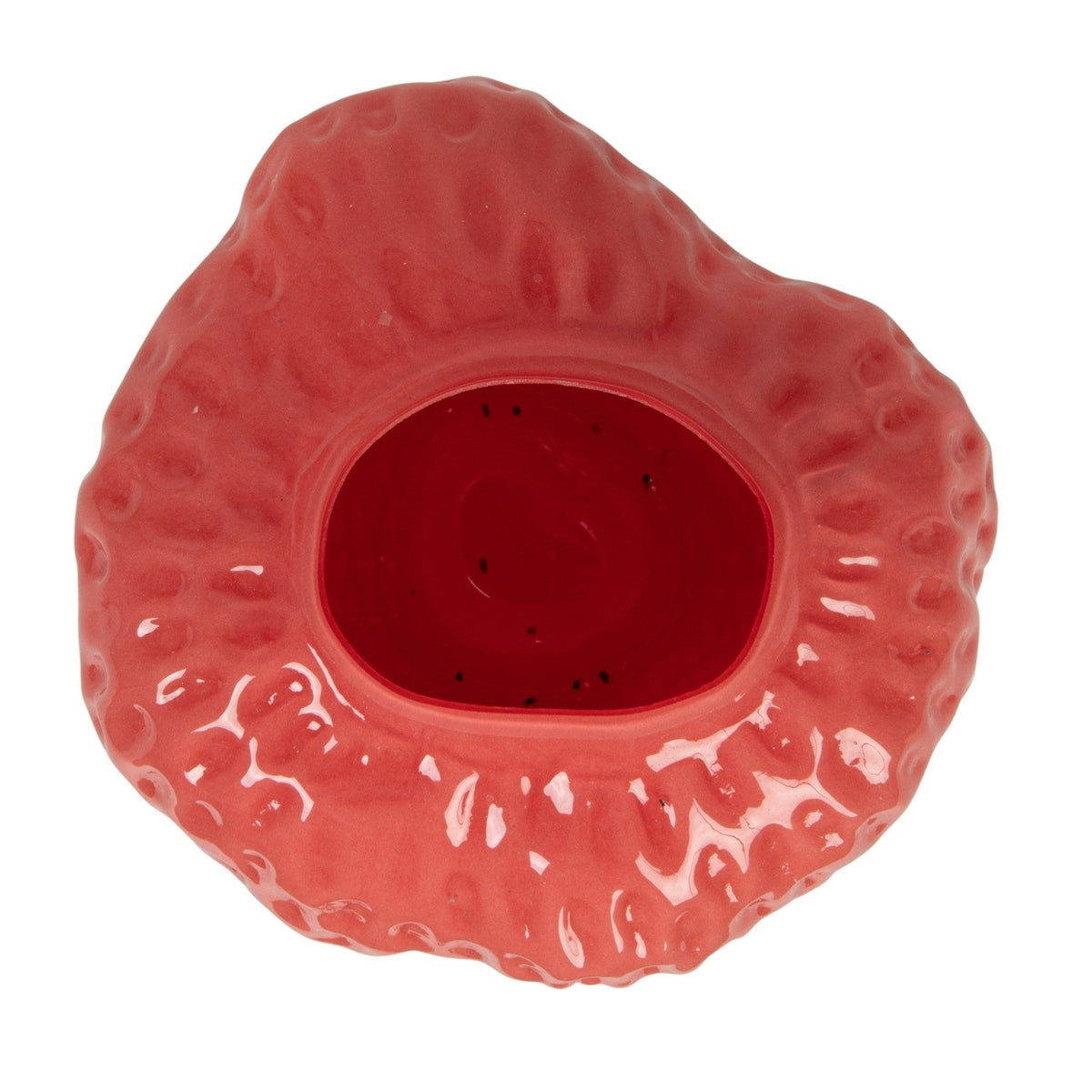 Bottom view of pink opaque strawberry-shaped glass vase with dark inner opening