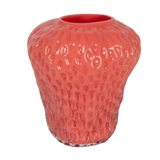 Pink opaque strawberry-shaped glass vase with glossy texture and wide open top