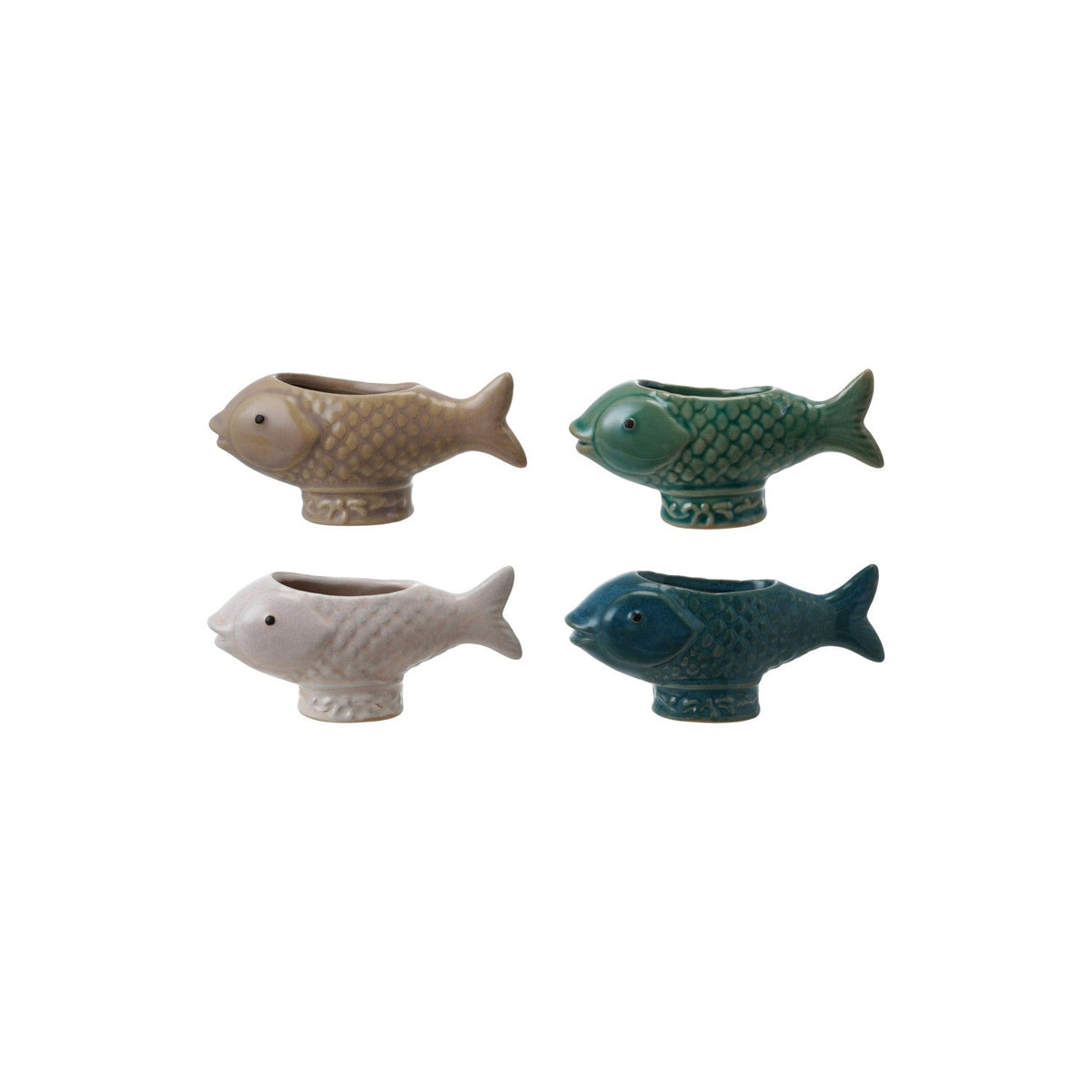 Reactive glaze fish toothpick holders, four ceramic fish in tan and green.