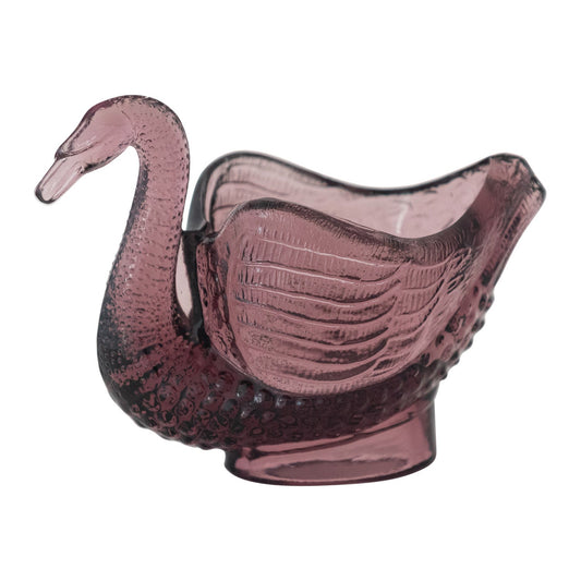 Purple glass swan toothpick and spoon dish, curved body with raised wings