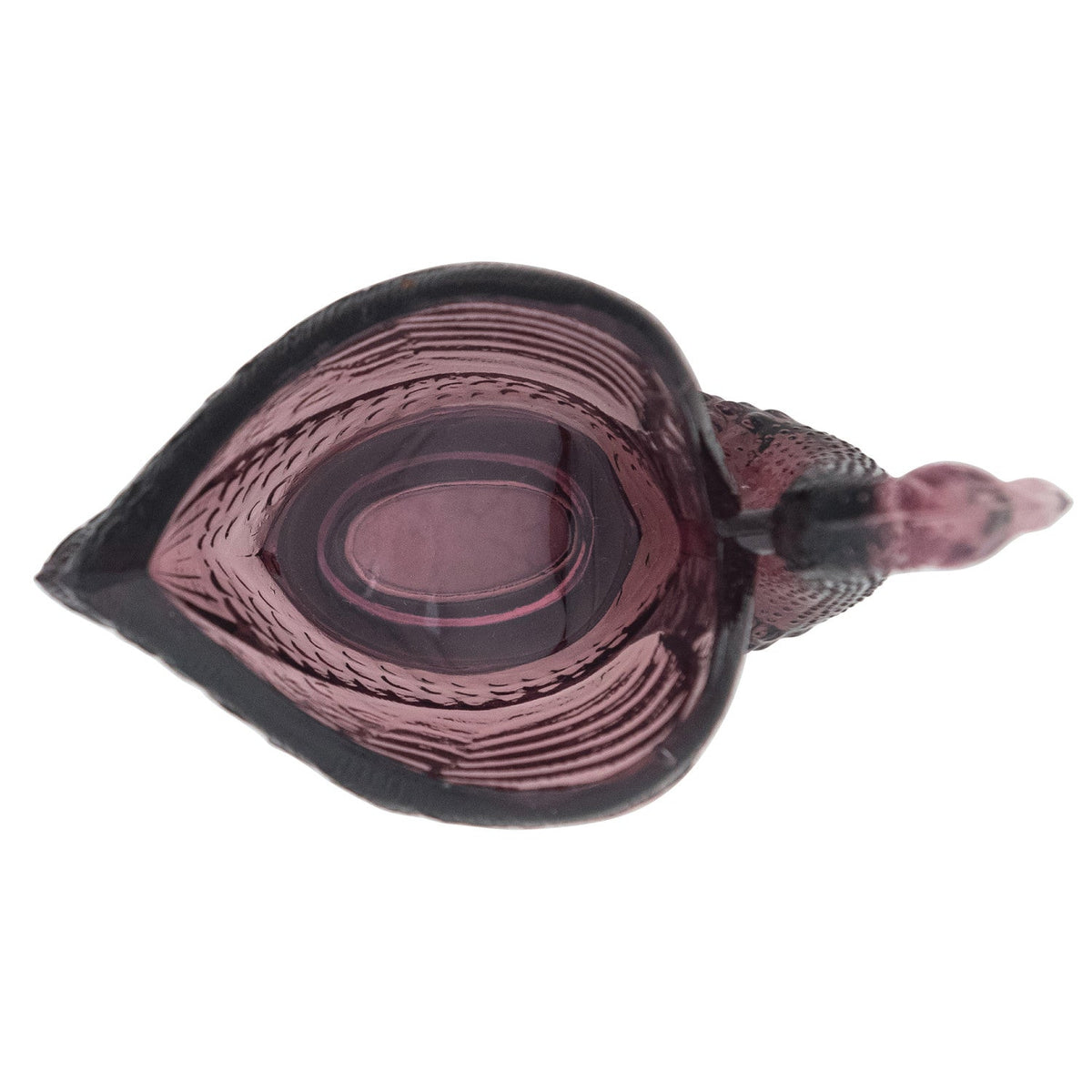 Purple glass swan dish with circular inner well, raised rim and beak handle