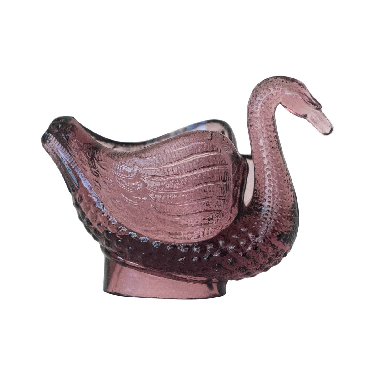 Purple glass swan dish, curved basin with beak detail and raised tail