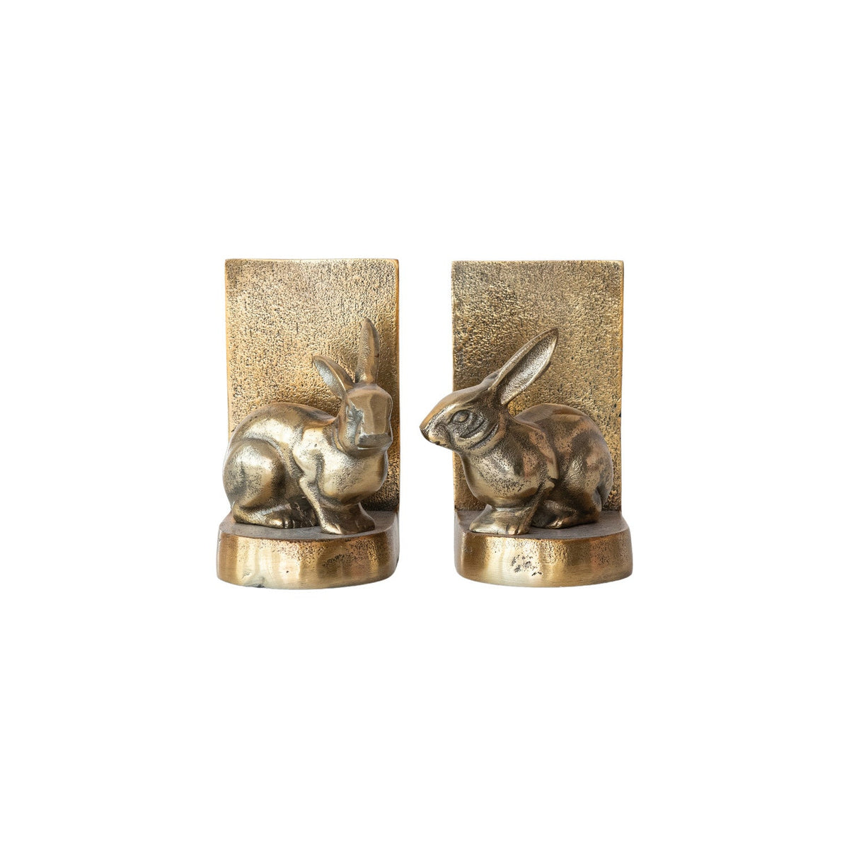 Antique gold aluminum rabbit bookends pair with textured bases