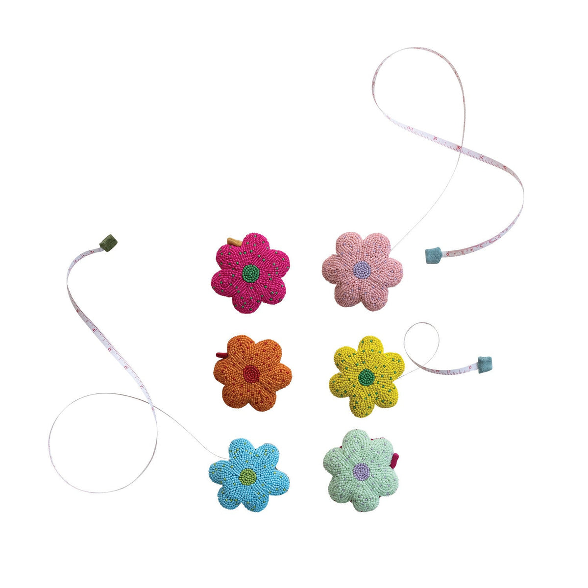 Glass beaded flower tape measure with six flower heads in mixed colors on white string
