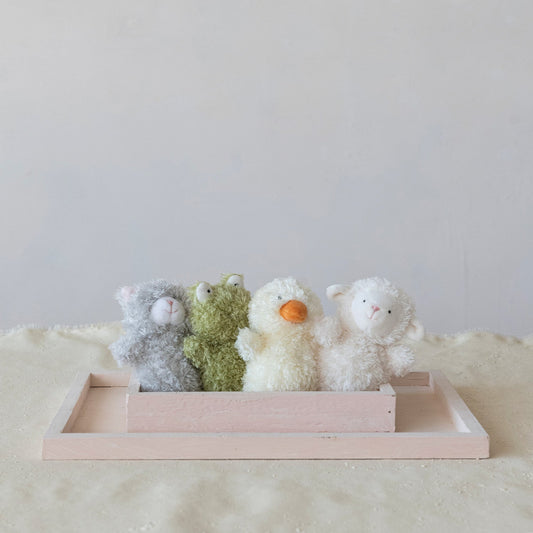 Plush bean bag stuffed animals in a wooden tray: gray cat, cream lamb, green frog, duck