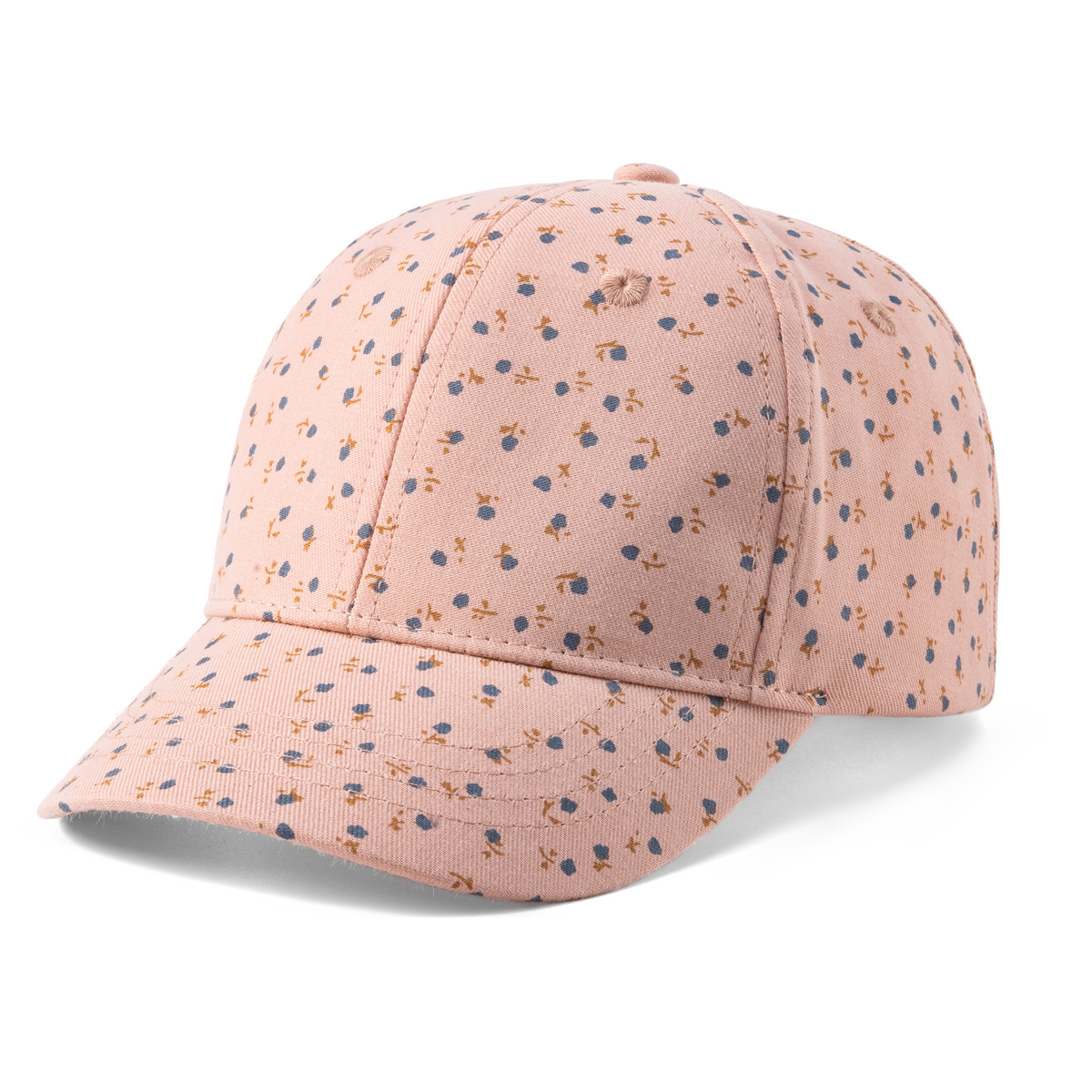 Mauve-pink kids' baseball cap with a ditsy floral print and curved brim