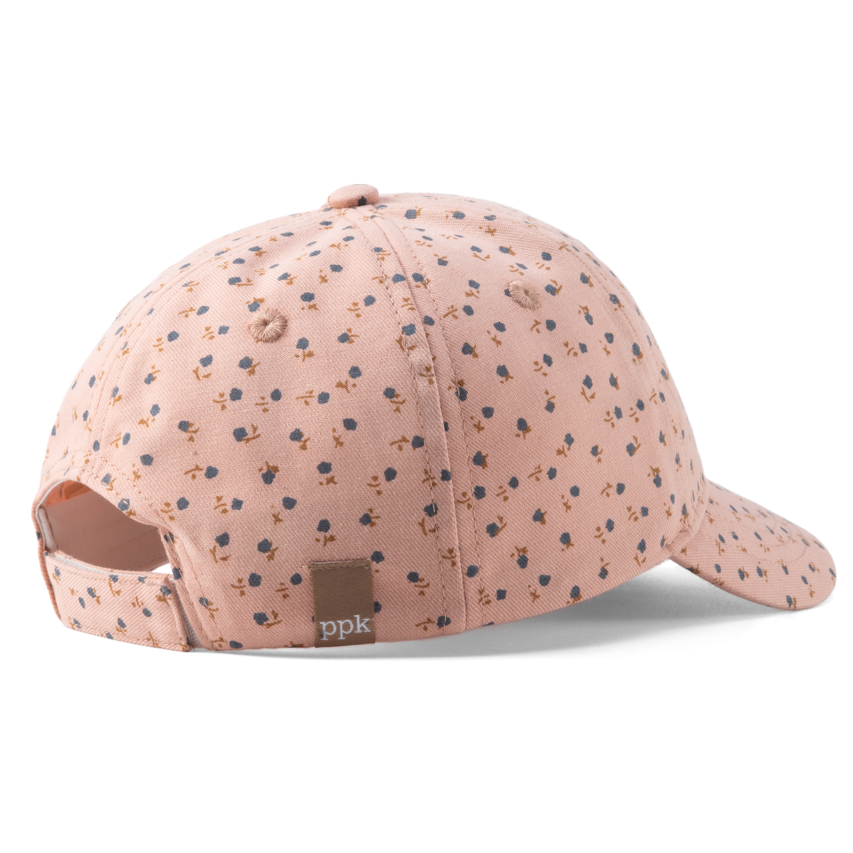Back of mauve-pink floral baseball cap with an adjustable strap opening