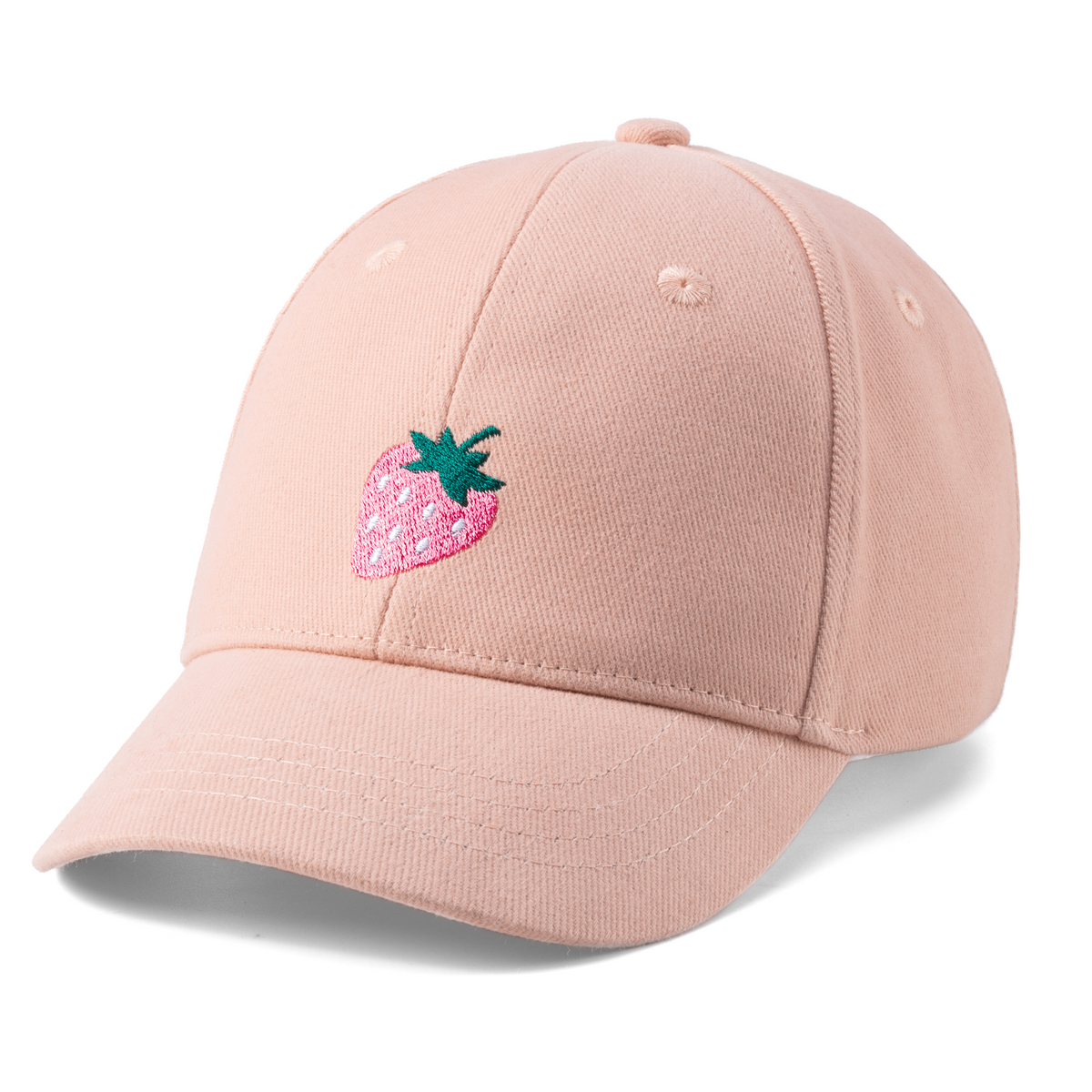 Pastel pink cotton baseball cap with embroidered strawberry and curved brim
